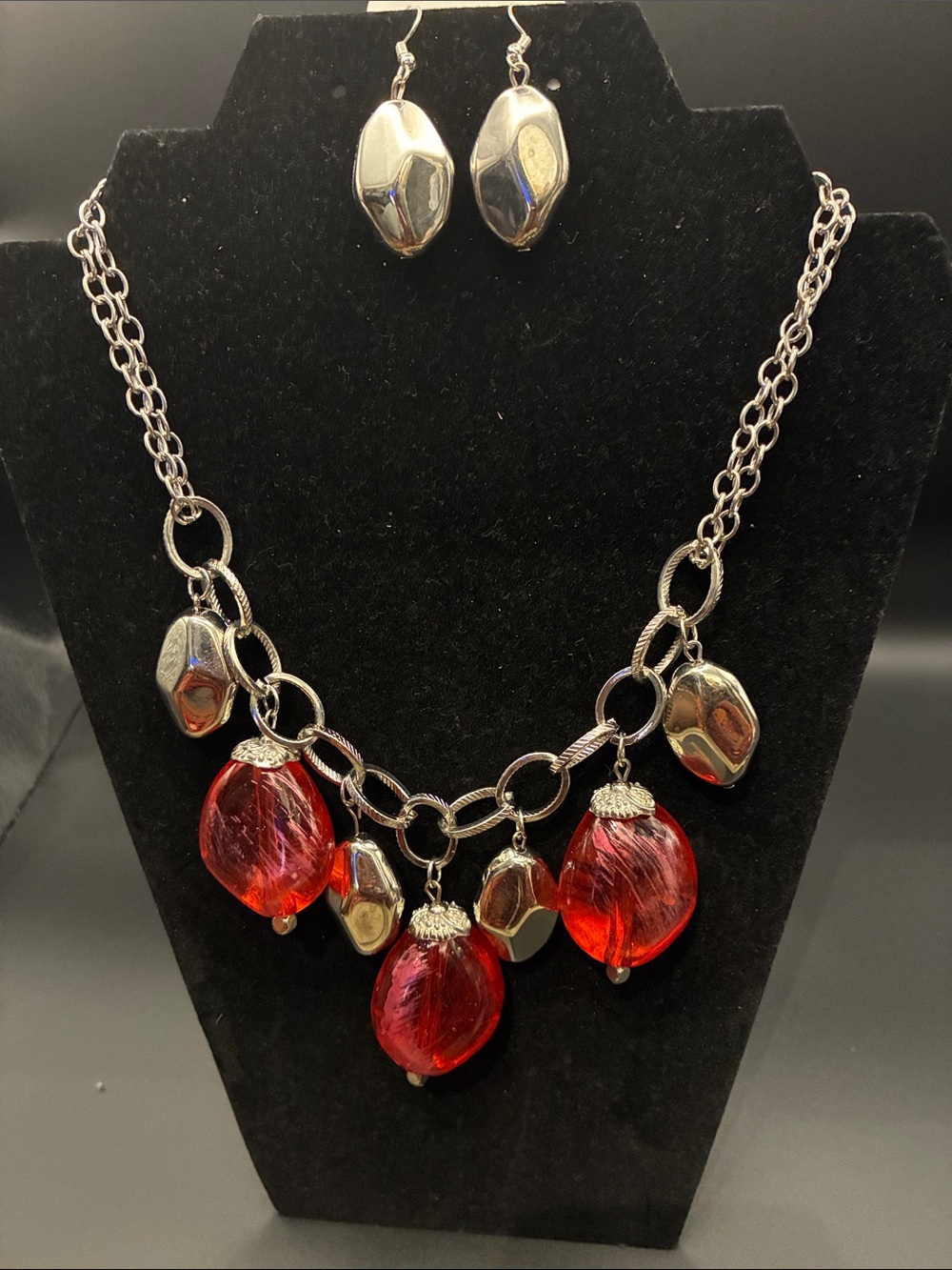 Silver Chain Necklace with Red Glass Drop Pendants & matching earrings